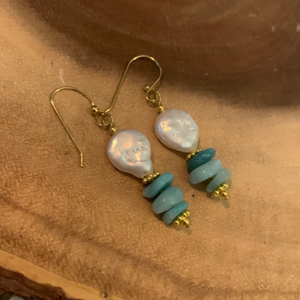White Coin Pearl and Amazonite Earrings.  2”